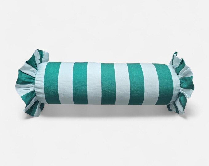 Striped Bolster Pillow Cover with Ruffles - Colorful Handmade Decorative Cushion - Candy Style Decor