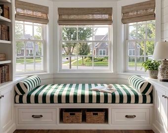 Custom Striped Velvet Bench Cushion – Coastal Window Seat Pad – 3" Thick Reading Nook Cushion