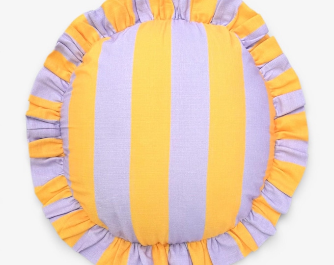 Handmade Round Ruffled Linen Pillow – Circle Cushion - Striped Boho Accent Cushion
