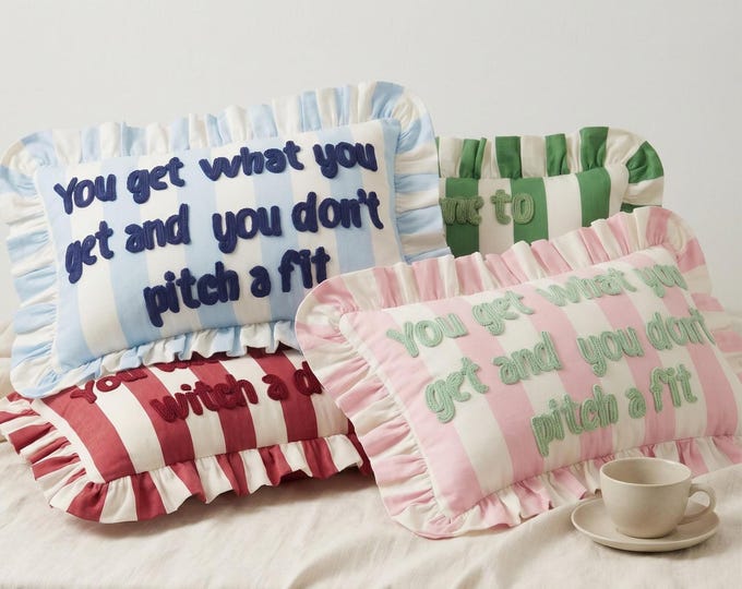 Personalized Embroidered Throw Pillow – Ruffled Striped Cushion - Custom Quote Decor - Handmade Punch Pillow