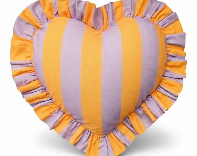 Colorful Ruffle Heart Pillow – Handmade Linen Striped Cushion