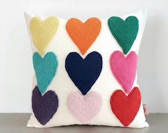 Hand Embroidered Heart Pillow Cover – Handmade Punch Needle Cushion – Valentine Decor - Gift For Her