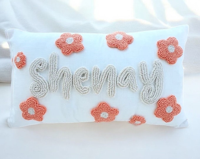 Daisy Personalised Punch Needle Decorative Cushion | Kids Room Decor Name Pillow | Girls Baby Room Nursery Floral Initial Decoration Gift