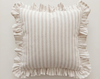 Bohemian Striped Linen Pillow with Ruffles - Striped Farmhouse Cushion - Cottagecore Decor