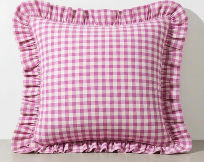 Ruffled Gingham Linen Pillow Cover – Bohemian Farmhouse Cushion