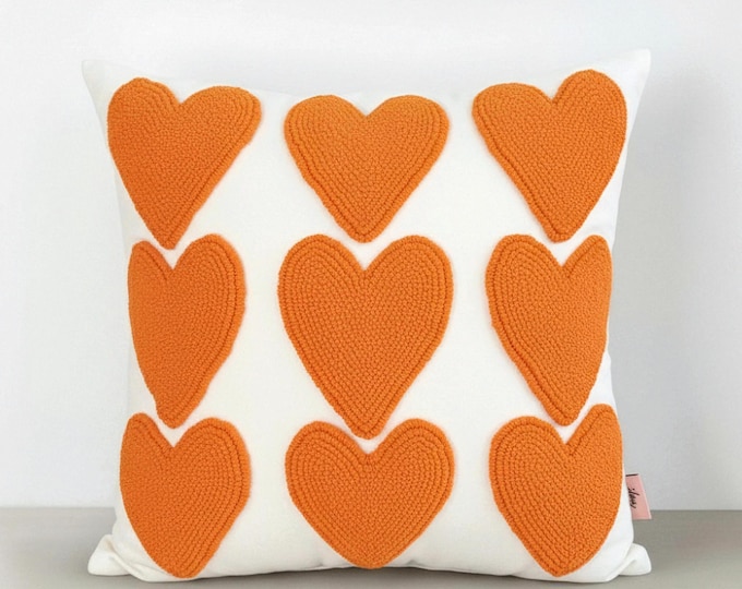 Hand Embroidered Heart Pillow Cover – Handmade Punch Needle Cushion – Valentine Decor - Gift For Her