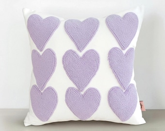 Hand Embroidered Heart Pillow Cover – Handmade Punch Needle Cushion – Valentine Decor - Gift For Her