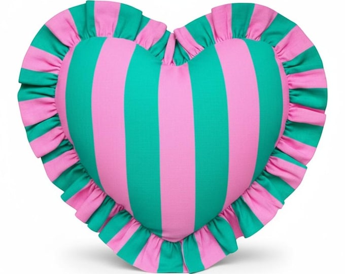 Colorful Ruffle Heart Pillow – Handmade Linen Striped Cushion