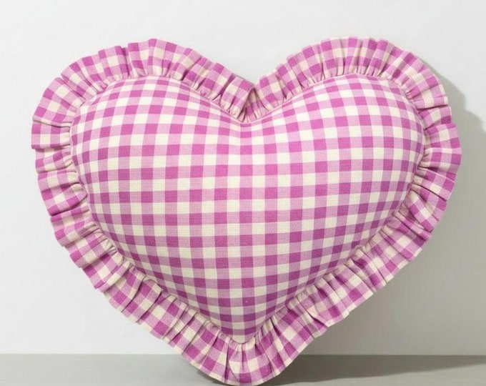 Ruffled Linen Gingham Heart Pillow Cover - Heart Cushion - Bohemian Home Decor