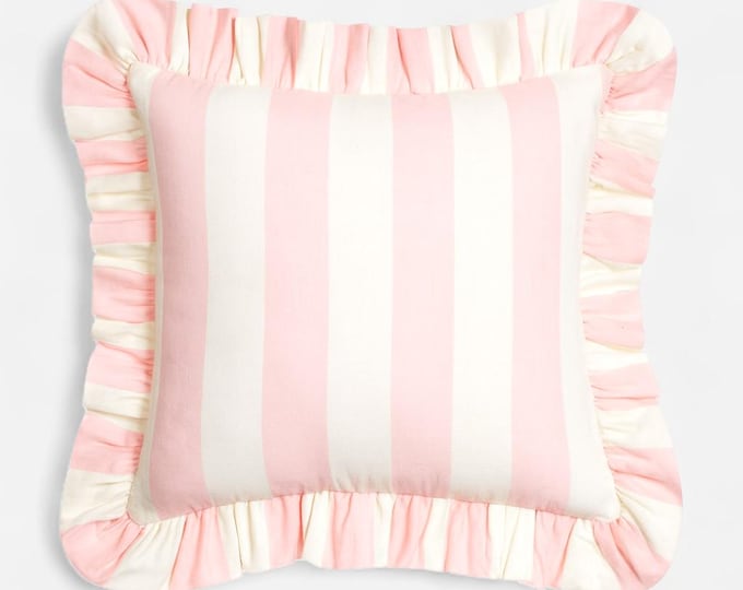 Bohemian Striped Linen Pillow with Ruffles - Ruffled Cushion - Modern and Farmhouse Chic Decor