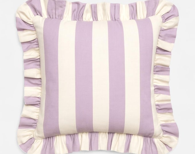 Bohemian Striped Linen Pillow with Ruffles - Ruffled Cushion - Modern and Farmhouse Chic Decor