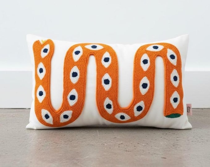 Handmade Snake Pillow Cover - Punch Embroidered Boho Cushion - Colorful Decorative Throw Pillow