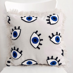 Handmade Evil Eye Linen Pillow Cover: Bohemian Fringed Accent
