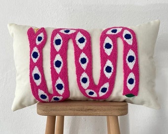 Handmade Pink Snake Punch Embroidered Pillow Cover - Navy Blue Eyes -Eclectic Boho Decor - Throw Pillow