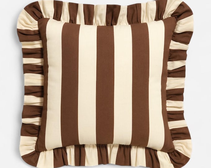 Bohemian Striped Linen Pillow with Ruffles - Ruffled Cushion - Modern and Farmhouse Chic Decor