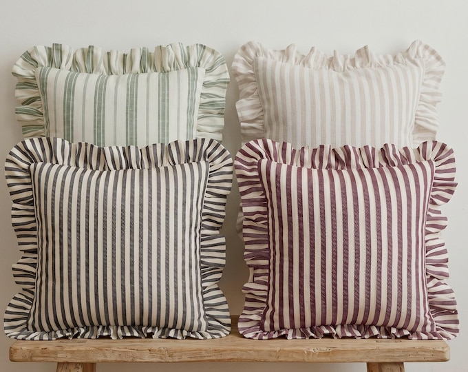 Linen Ruffle Pillow Cover - Striped Farmhouse Cushion - Cottagecore Decor