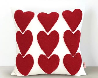 Hand Embroidered Heart Pillow Cover – Handmade Punch Needle Cushion – Valentine Decor - Gift For Her