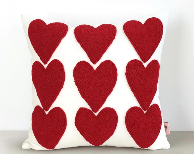 Hand Embroidered Heart Pillow Cover – Handmade Punch Needle Cushion – Valentine Decor - Gift For Her