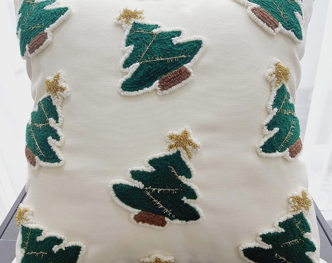 Festive Christmas Tree Punch Embroidered Cushion Cover - Noel Decor - New Year Punch Needle - New Year Punch Needle Gift - Noel Pillow