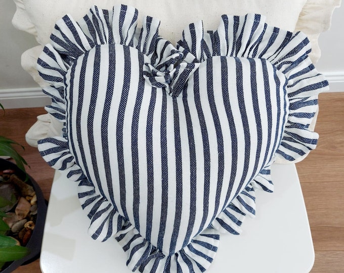 Bohemian Frill Linen Striped Pillow Cover - Striped Heart Pillow - Heart Pillow - Color Options With Frill Edges - Hello Mello Store