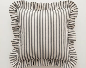 Bohemian Striped Linen Pillow with Ruffles - Striped Farmhouse Cushion - Cottagecore Decor