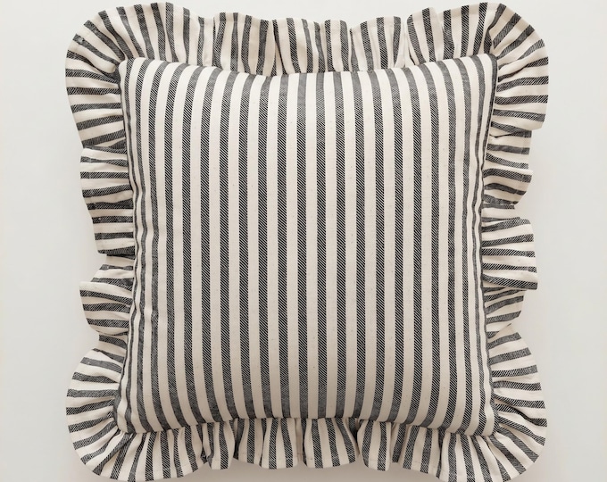 Bohemian Striped Linen Pillow with Ruffles - Striped Farmhouse Cushion - Cottagecore Decor