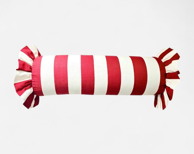 Striped Bolster Pillow Cover with Ruffles - Colorful Handmade Decorative Cushion - Candy Style Decor