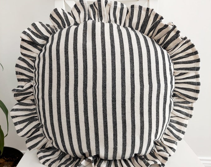 Bohemian Frill Linen Striped Pillow Cover - Circle Pillow - Different Color Options With Frill Edges - Hello Mello Store