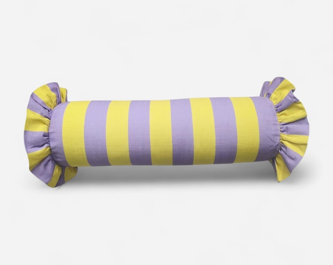 Striped Bolster Pillow Cover with Ruffles - Colorful Handmade Decorative Cushion - Candy Style Decor