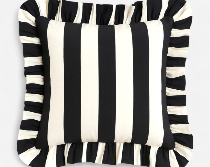 Bohemian Striped Linen Pillow with Ruffles - Ruffled Cushion - Modern and Farmhouse Chic Decor