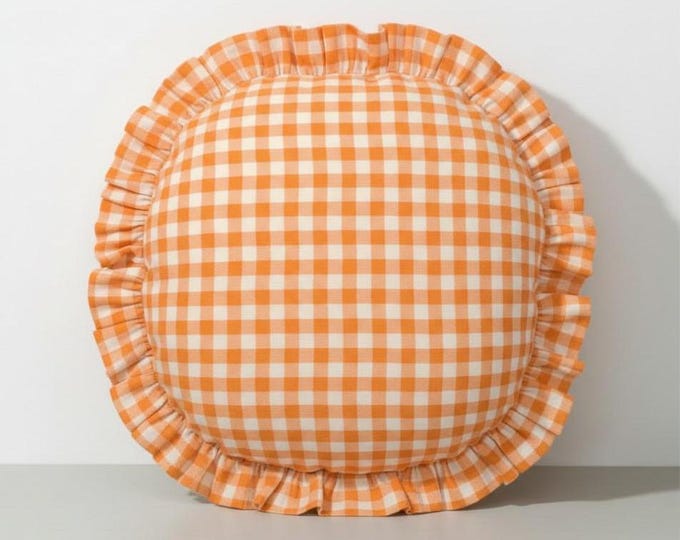 Gingham Round Ruffle Pillow - Plaid Chair Pad - Cottage Style Seat Cushion