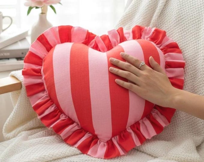 Colorful Ruffle Heart Pillow – Handmade Linen Striped Cushion