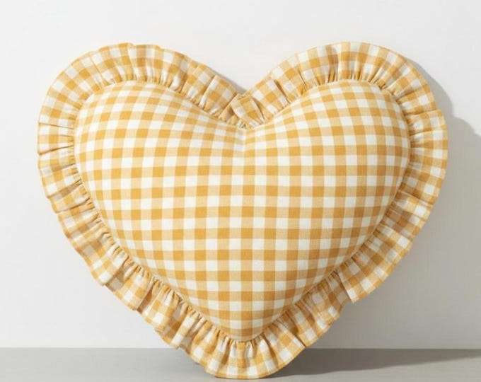 Ruffled Linen Gingham Heart Pillow Cover - Heart Cushion - Bohemian Home Decor