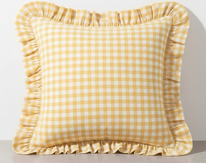 Gingham Pillow Cover - Ruffled Gingham Cushion - Cottagecore Farmhouse Decor - Multiple Color Options