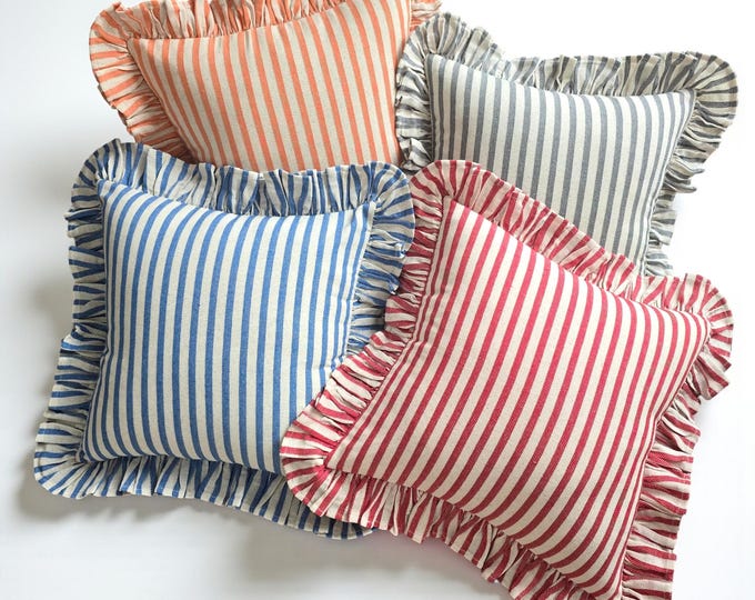 Handmade Striped Ruffled Pillow Cover – Linen Cotton Blend Cushion