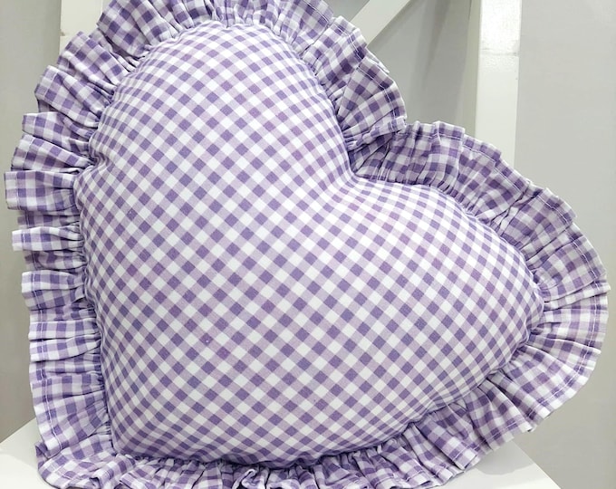 Bohemian Frill Linen Gingham Pillow Cover - Gingham Heart Pillow - Heart Pillow - Color Options With Frill Edges - Gingham Pillow