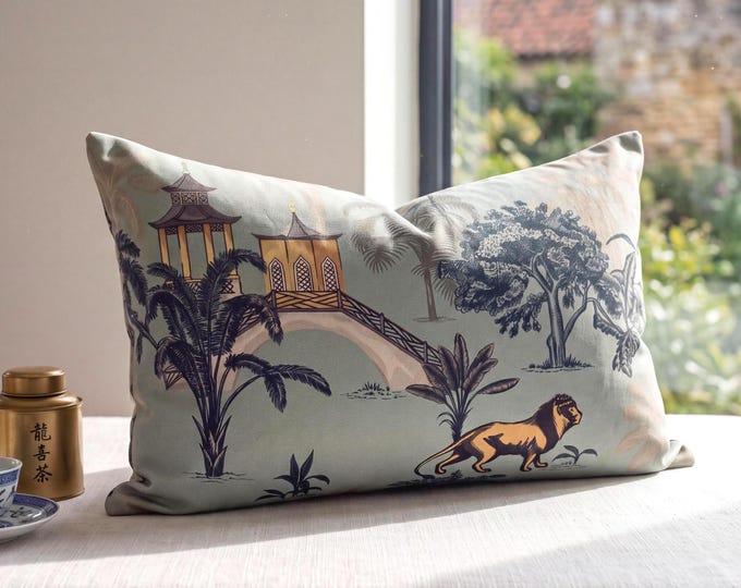Chinoiserie Pagoda Pillow – Asian Botanical Crane Decor
