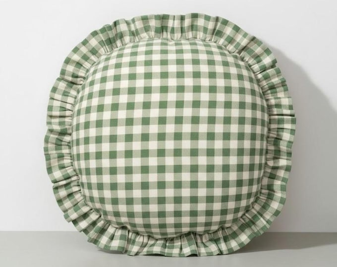 Gingham Round Ruffle Pillow - Plaid Chair Pad - Cottage Style Seat Cushion