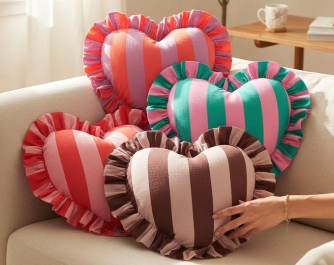 Colorful Ruffle Heart Pillow – Handmade Linen Striped Cushion