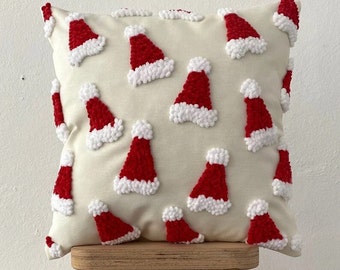 Festive Christmas Hat Punch Embroidered Cushion Cover with Velvet Hat Details - Noel Decor - New Year Punch Needle Gift - Throw Pillow