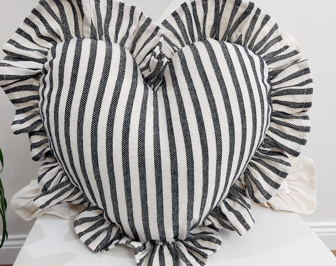 Bohemian Frill Linen Striped Pillow Cover - Striped Heart Pillow - Heart Pillow - Color Options With Frill Edges - Hello Mello Store