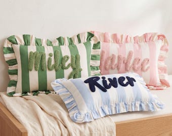 Personalized Embroidered Name Pillow - Custom Name Cushion - Handmade Ruffle Pillow - Nursery Decor - Baby Shower Gift - Kids Room Decor