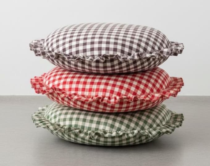 Gingham Round Ruffle Pillow - Plaid Chair Pad - Cottage Style Seat Cushion
