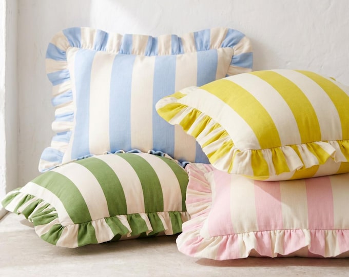 Ruffled Linen Pillow - Striped Cottagecore Decor - Coastal Style Cushion - Farmhouse Decor