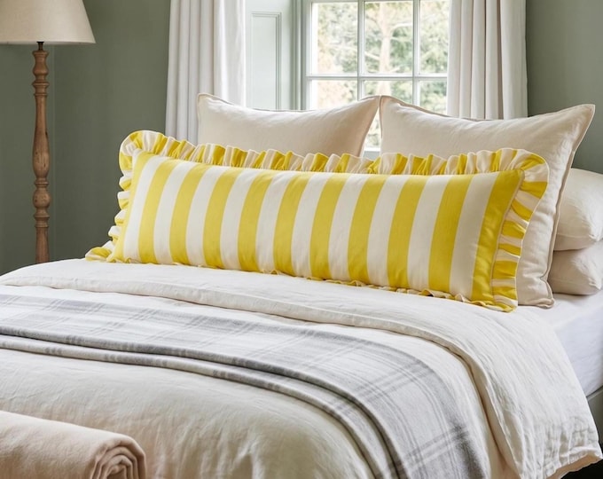 Ruffled Linen Pillow - Striped Cottagecore Decor - Coastal Style Cushion - Farmhouse Decor