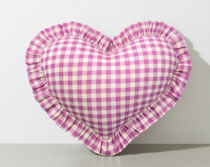 Ruffled Linen Gingham Heart Pillow Cover - Heart Cushion - Bohemian Home Decor