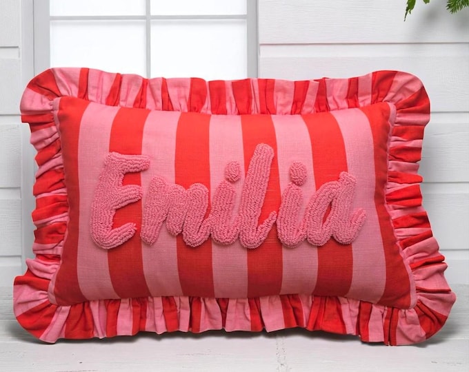 Personalised Ruffled Cushion -Handmade Punch Needle Decor | Boho Nursery Kids Children Room Styling | Custom Gift Baby Shower  Ruffle Pillow