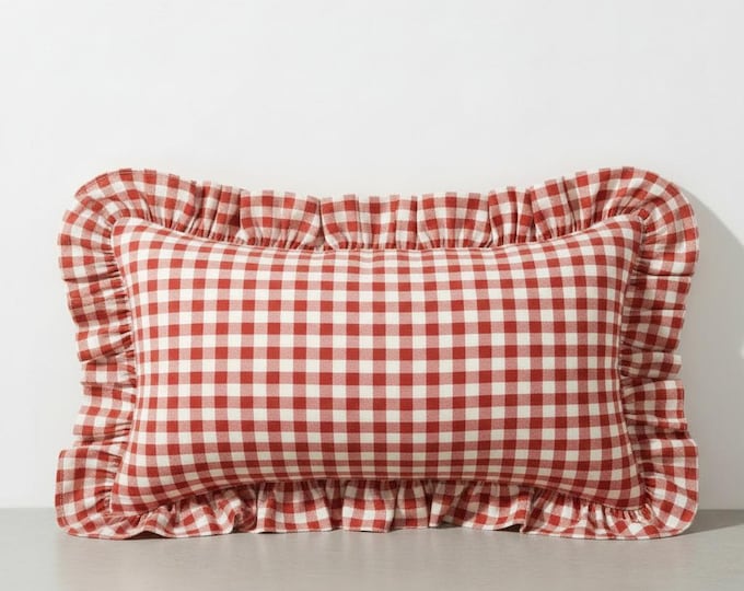 Ruffled Gingham Linen Pillow Cover – Bohemian Farmhouse Cushion