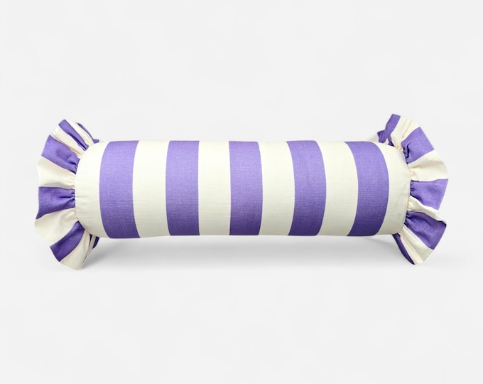 Striped Bolster Pillow Cover with Ruffles - Colorful Handmade Decorative Cushion - Candy Style Decor
