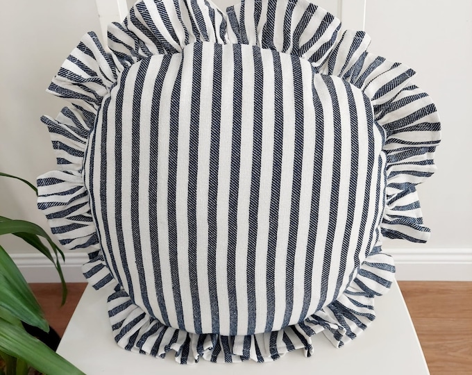 Bohemian Frill Linen Striped Pillow Cover - Circle Pillow - Different Color Options With Frill Edges - Hello Mello Store